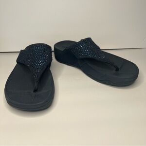 Fitflop Blue Suede Rhinestone‎ Thong Toe Platform Wedge Casual Sandals Women's 9